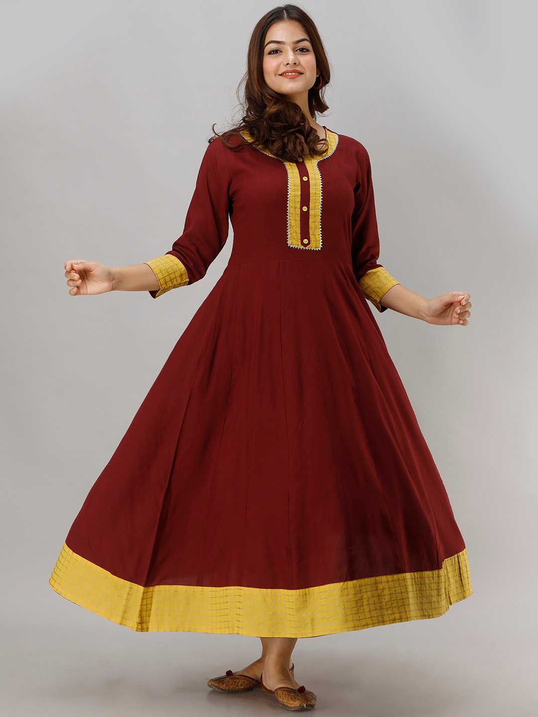 

SKY SHOPPIE Women Maroon & Yellow Viscose Solid Anarkali Kurta