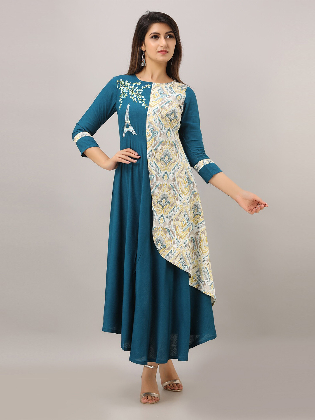 

SKY SHOPPIE Women Blue & Cream-Coloured Floral Printed Anarkali Kurta