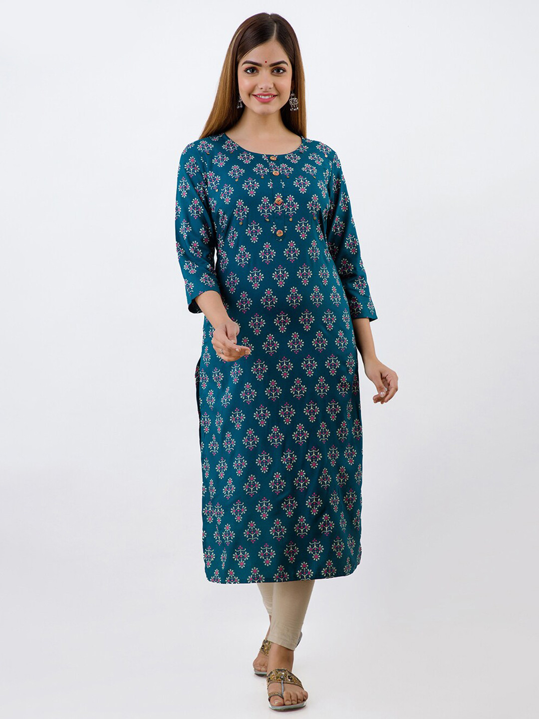 

SKY SHOPPIE Women Teal & White Floral Printed Kurta