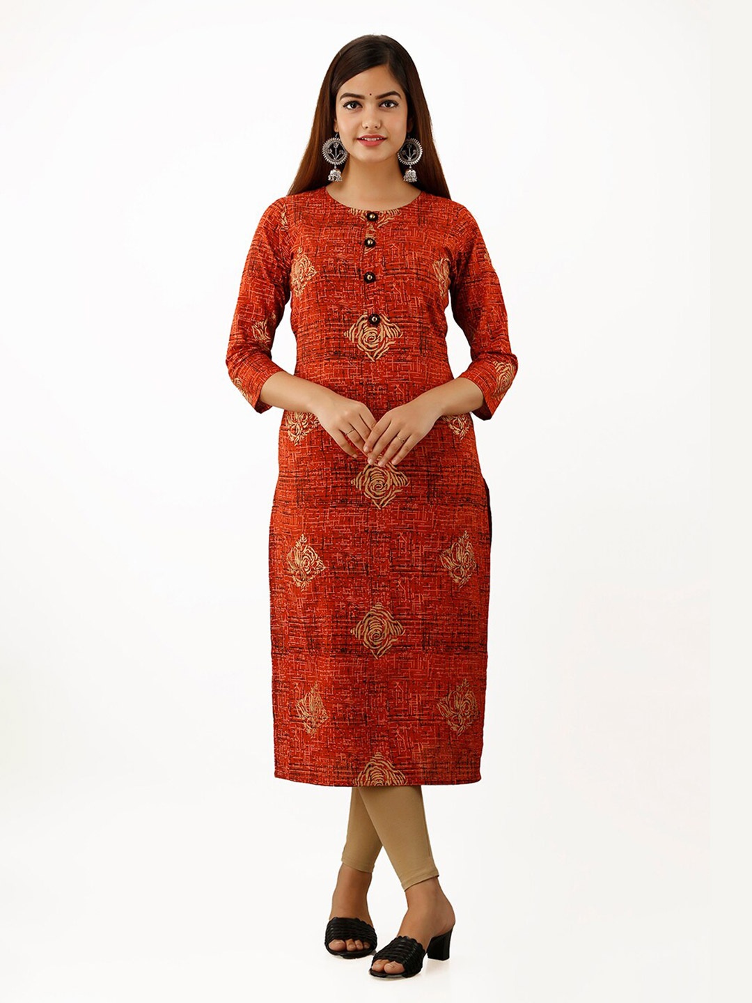

SKY SHOPPIE Women Rust Brown & Beige Abstract Print Cotton Straight Kurta