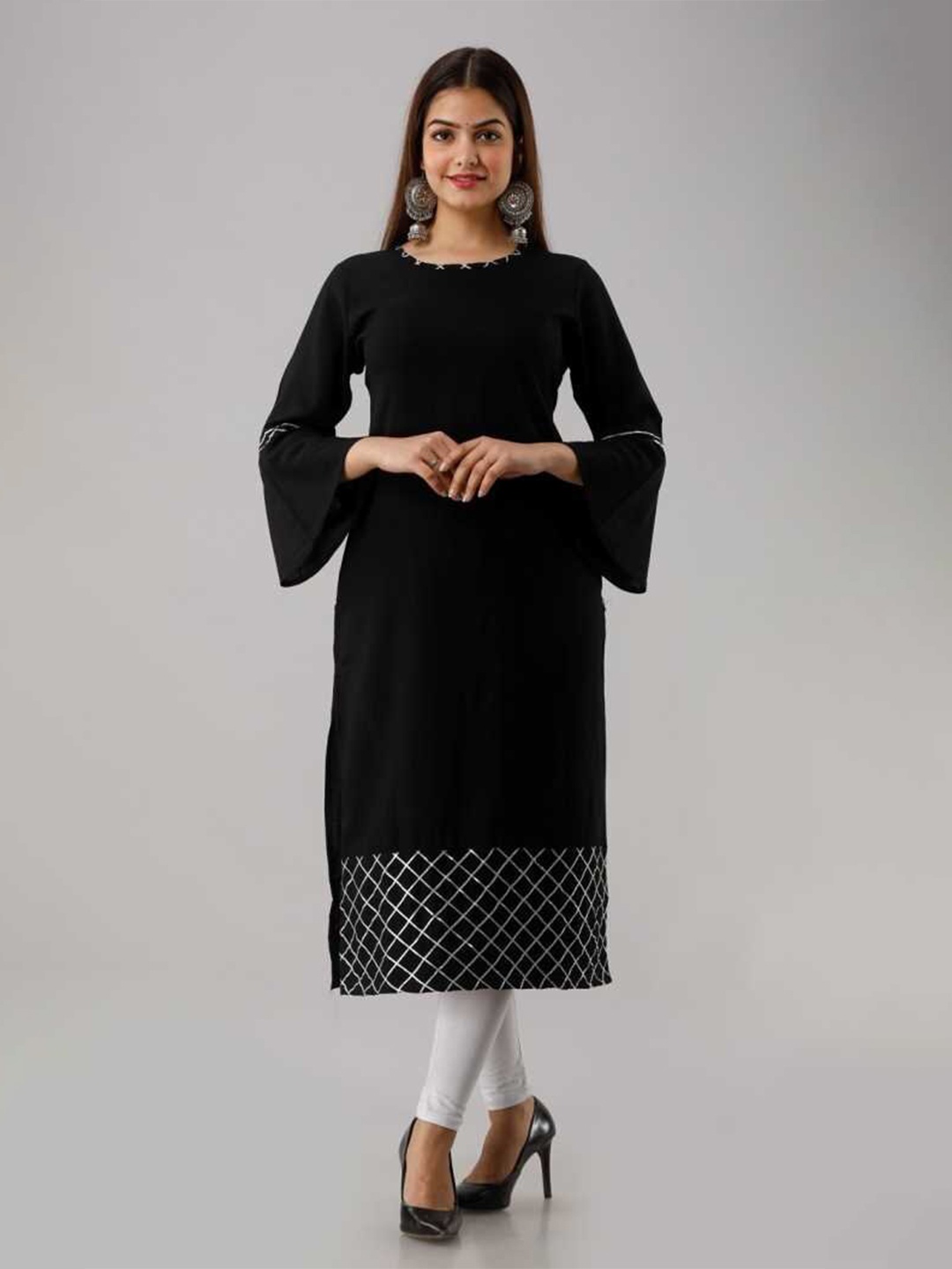

SKY SHOPPIE Women Black Bell Sleeves Straight Kurta