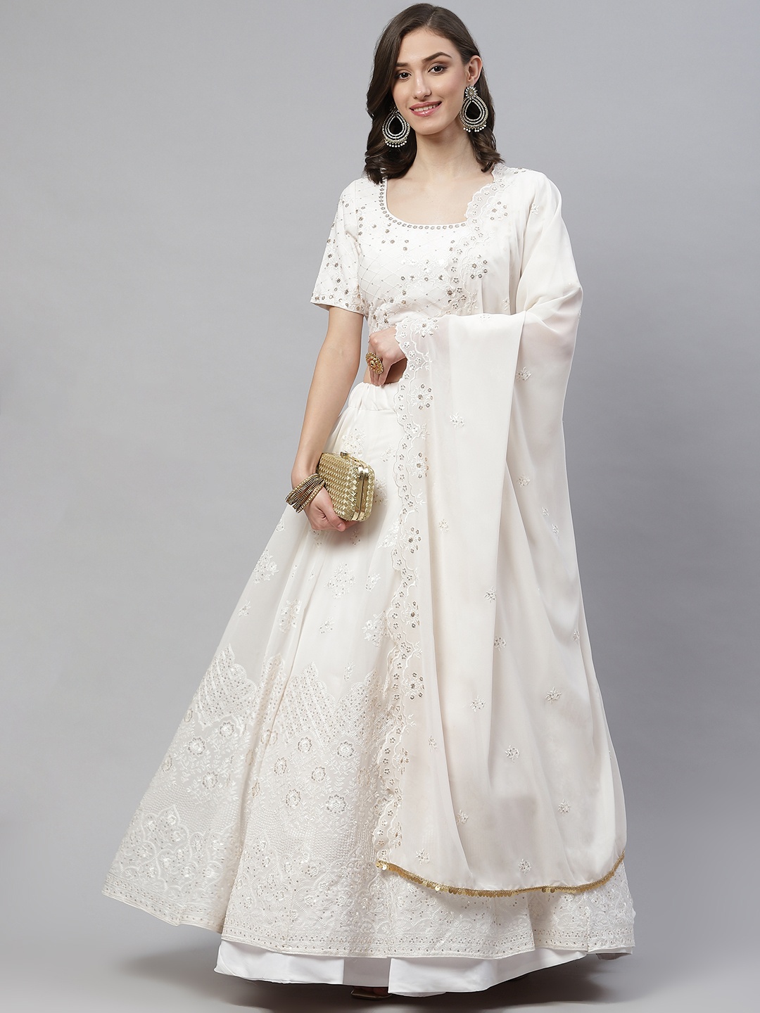 

SHUBHKALA White Embroidered Sequinned Semi-Stitched Lehenga & Blouse With Dupatta