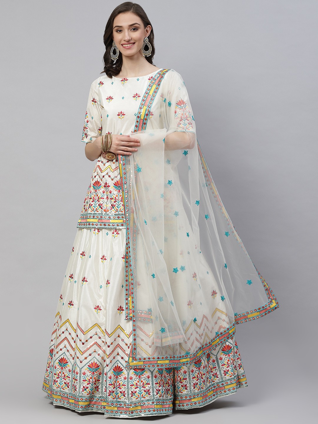 

SHUBHKALA Beige Embroidered Sequinned Semi-Stitched Lehenga & Blouse With Dupatta