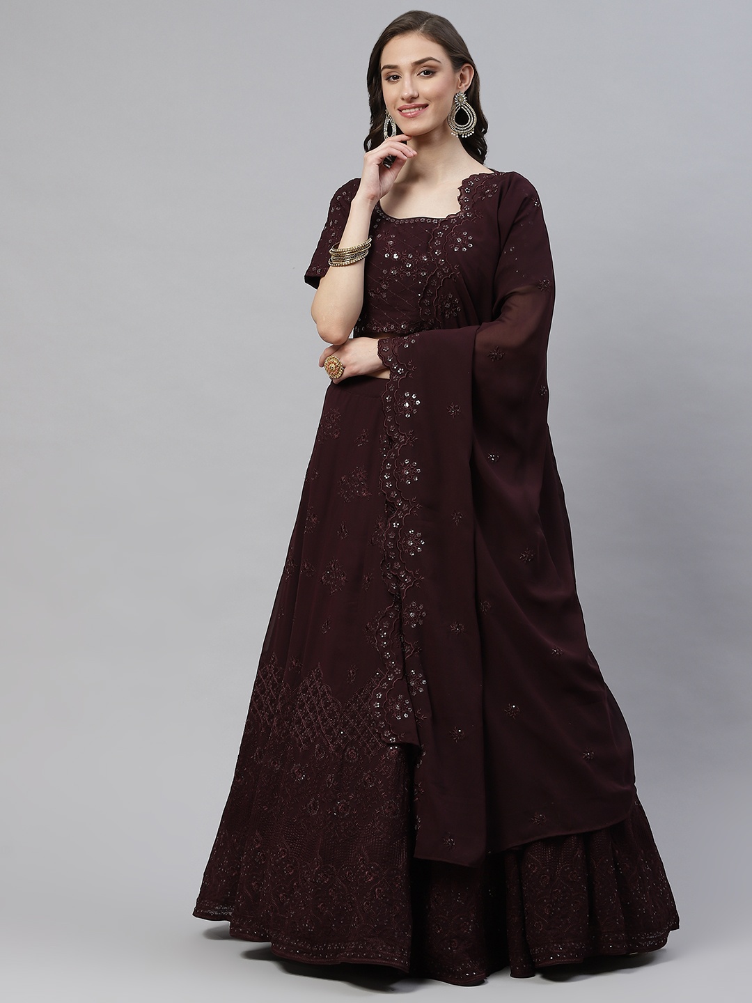 

SHUBHKALA Burgundy Embroidered Sequinned Semi-Stitched Lehenga & Blouse With Dupatta