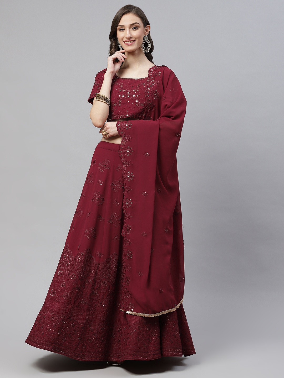 

SHUBHKALA Maroon Embroidered Sequinned Unstitched Lehenga & Blouse With Dupatta