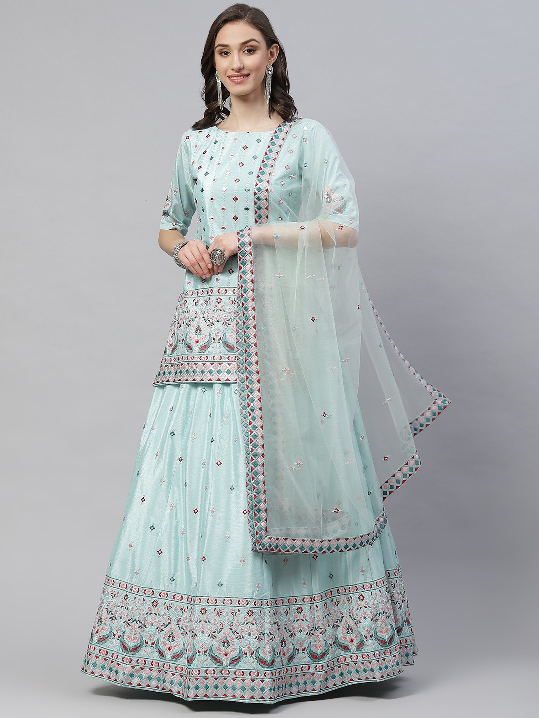

SHUBHKALA Turquoise Blue Embroidered Mirror Work Semi-Stitched Lehenga & Blouse With Dupatta