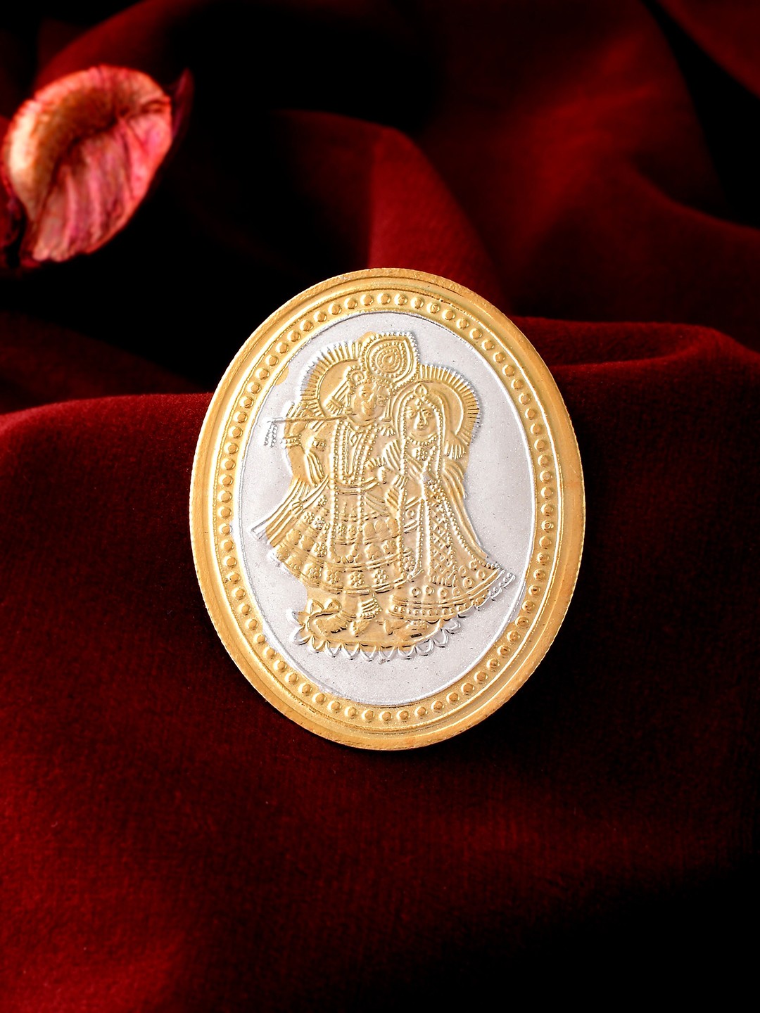 

Silvermerc Designs 999 Silver Gold-Toned Radha Krishna Oval Shaped 10 Gm Coin