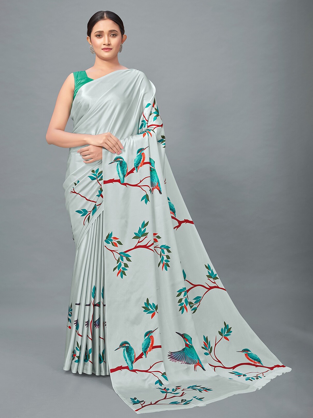 

MONJOLIKA FASHION Grey & Green Ethnic Motifs Satin Saree