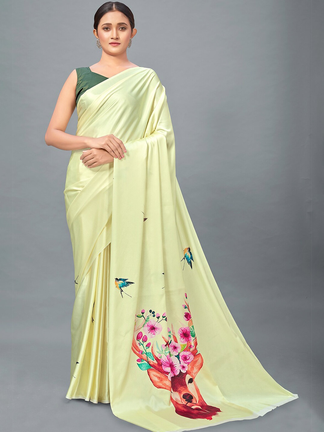

MONJOLIKA FASHION Yellow & Pink Floral Digital Print Satin Saree