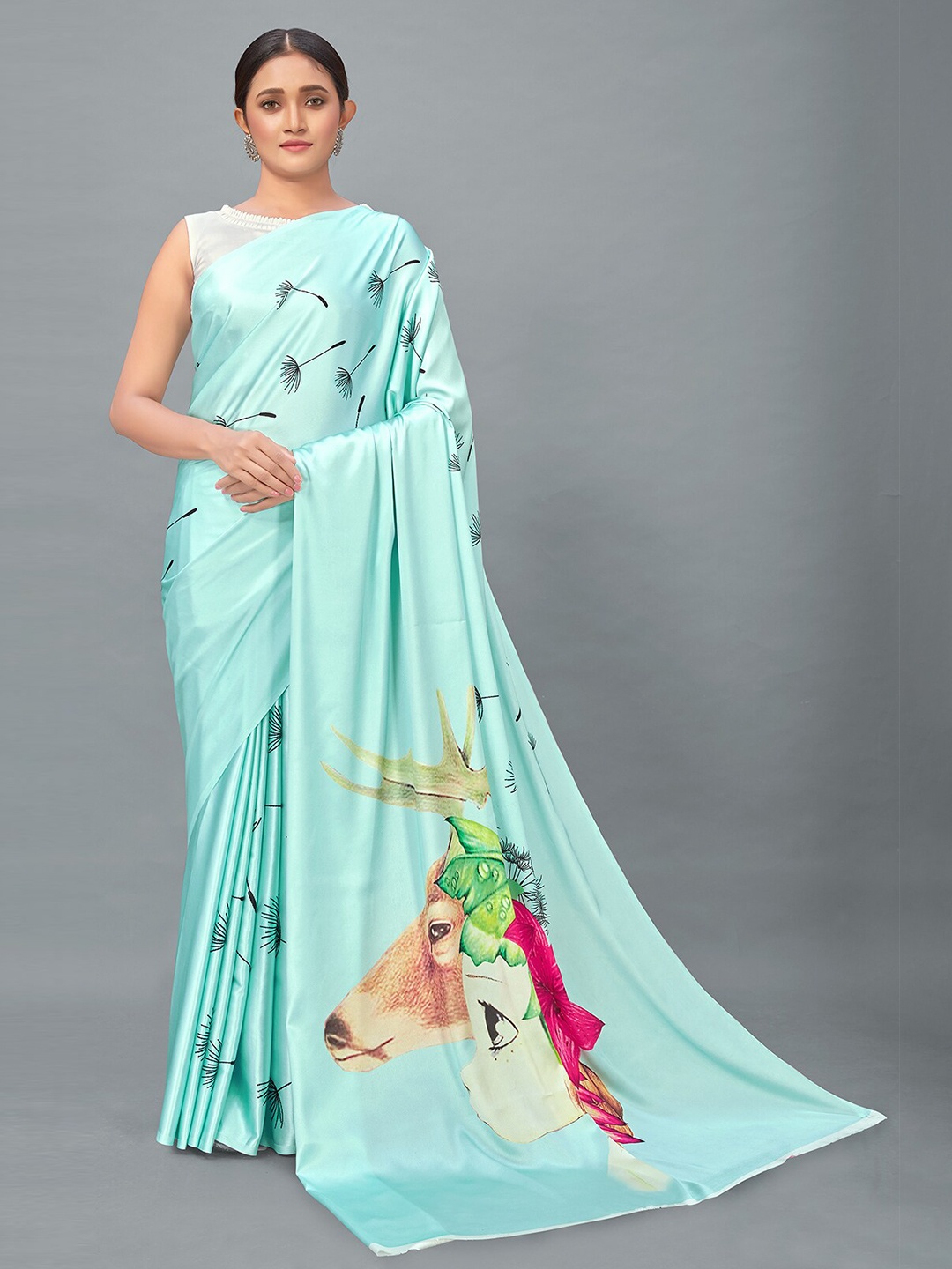 

MONJOLIKA FASHION Turquoise Blue & Red Floral Satin Saree