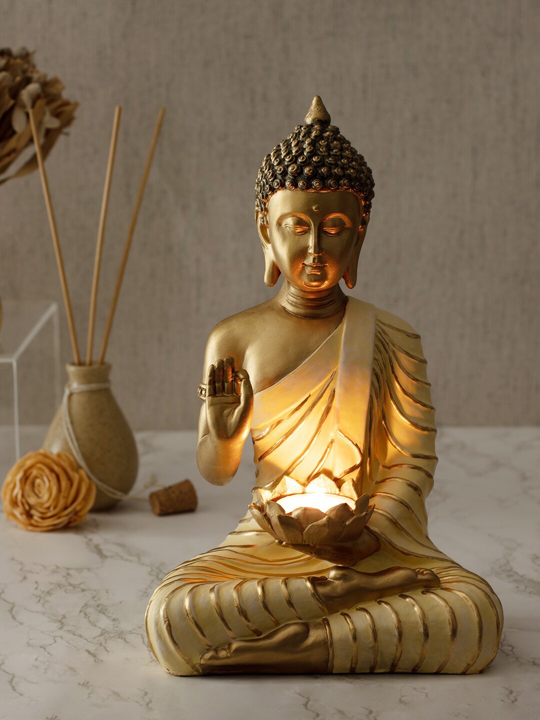 

HomeTown White Zen Polyresin Buddha Figurine with Tealight Holder
