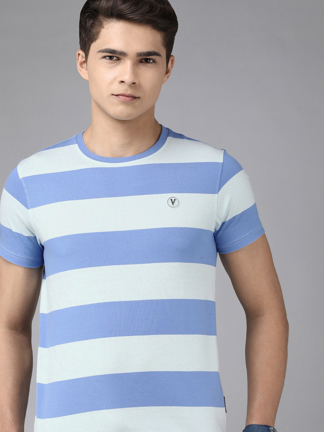 

Van Heusen Sport Men White & Blue Striped Pure Cotton T-shirt