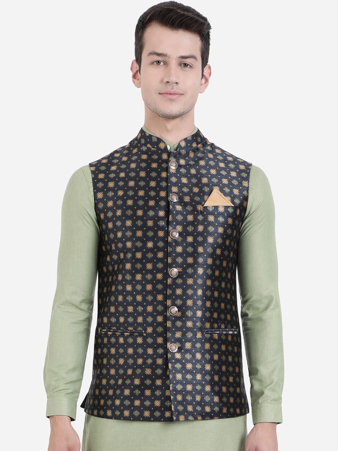 

Greenfibre Men Black & Beige Printed Poly-viscose Nehru Jacket