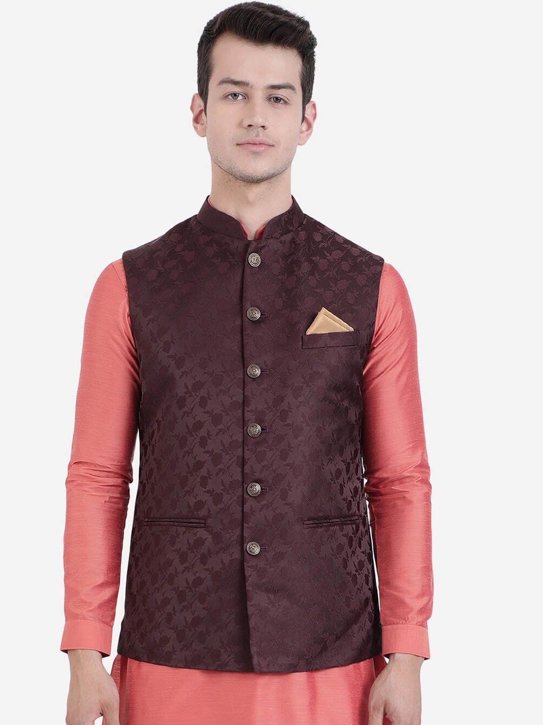 

Greenfibre Men Maroon Printed Nehru Jacket