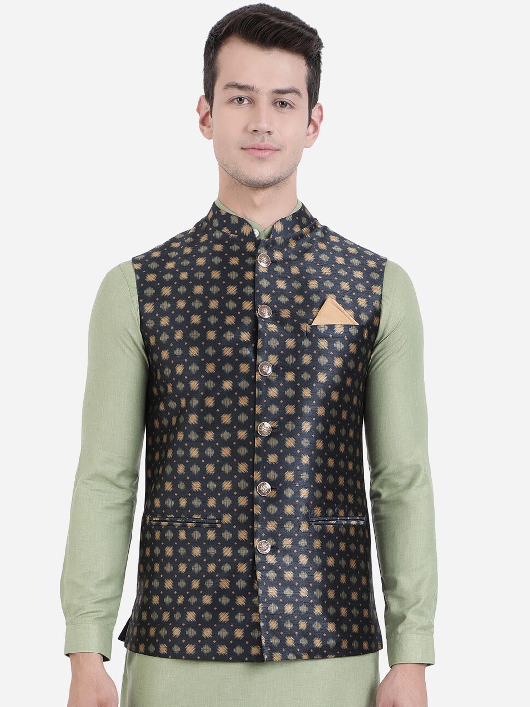 

Greenfibre Men Black & Beige Poly Viscose Printed Nehru Jacket