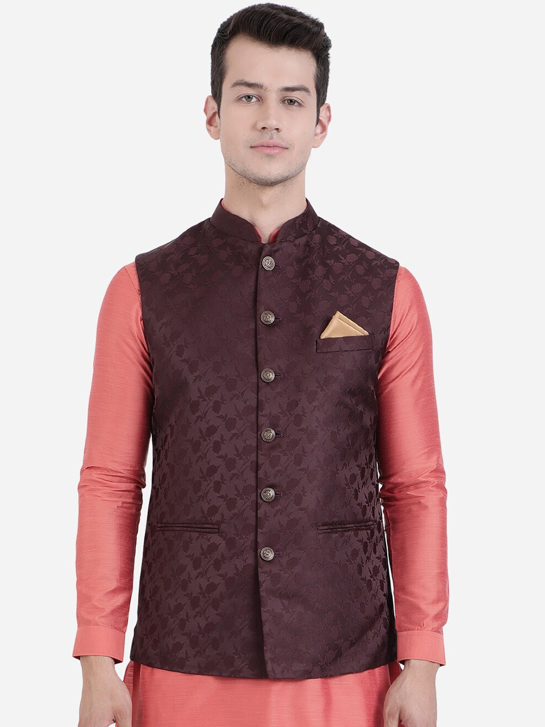 

Greenfibre Men Woven Design Waistcoat, Maroon