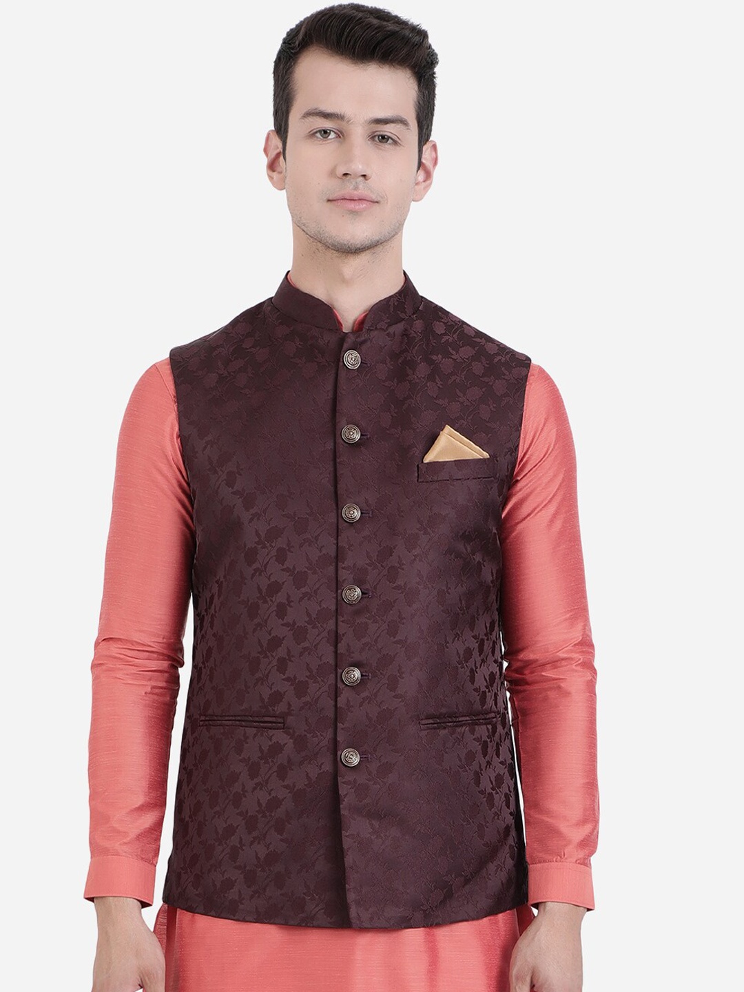 

Greenfibre Men Maroon Woven Design Nehru Jacket