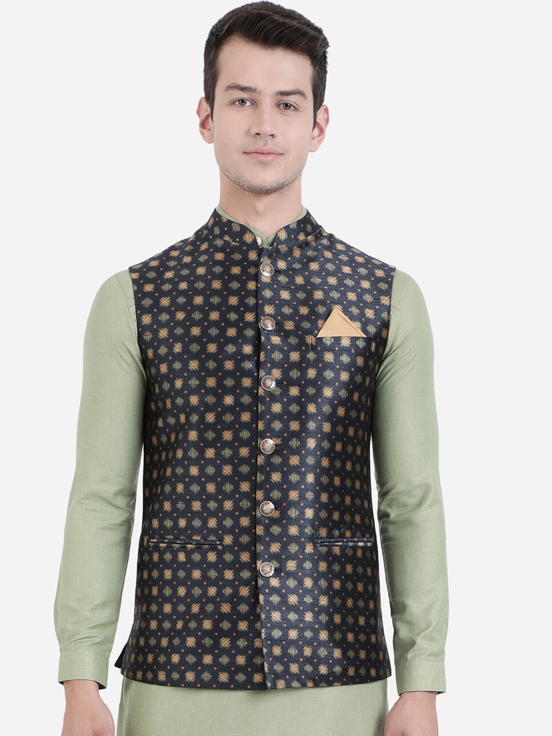

Greenfibre Men Black Printed Nehru Jacket