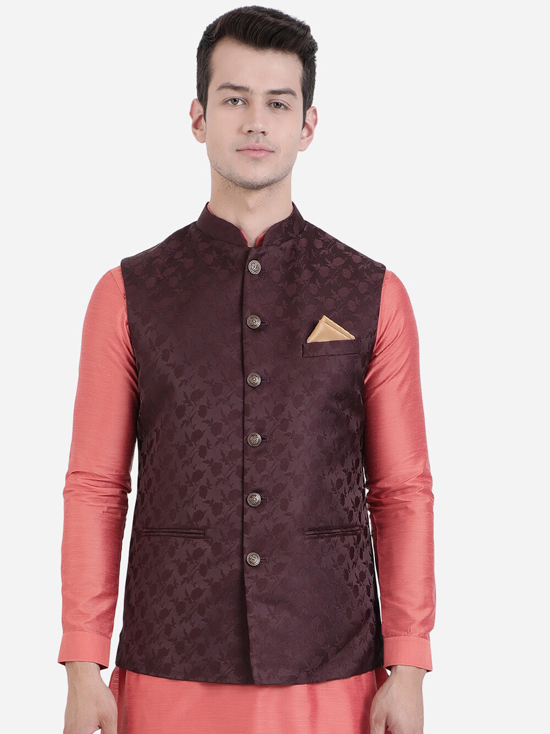 

Greenfibre Men Maroon Woven Design Waistcoat