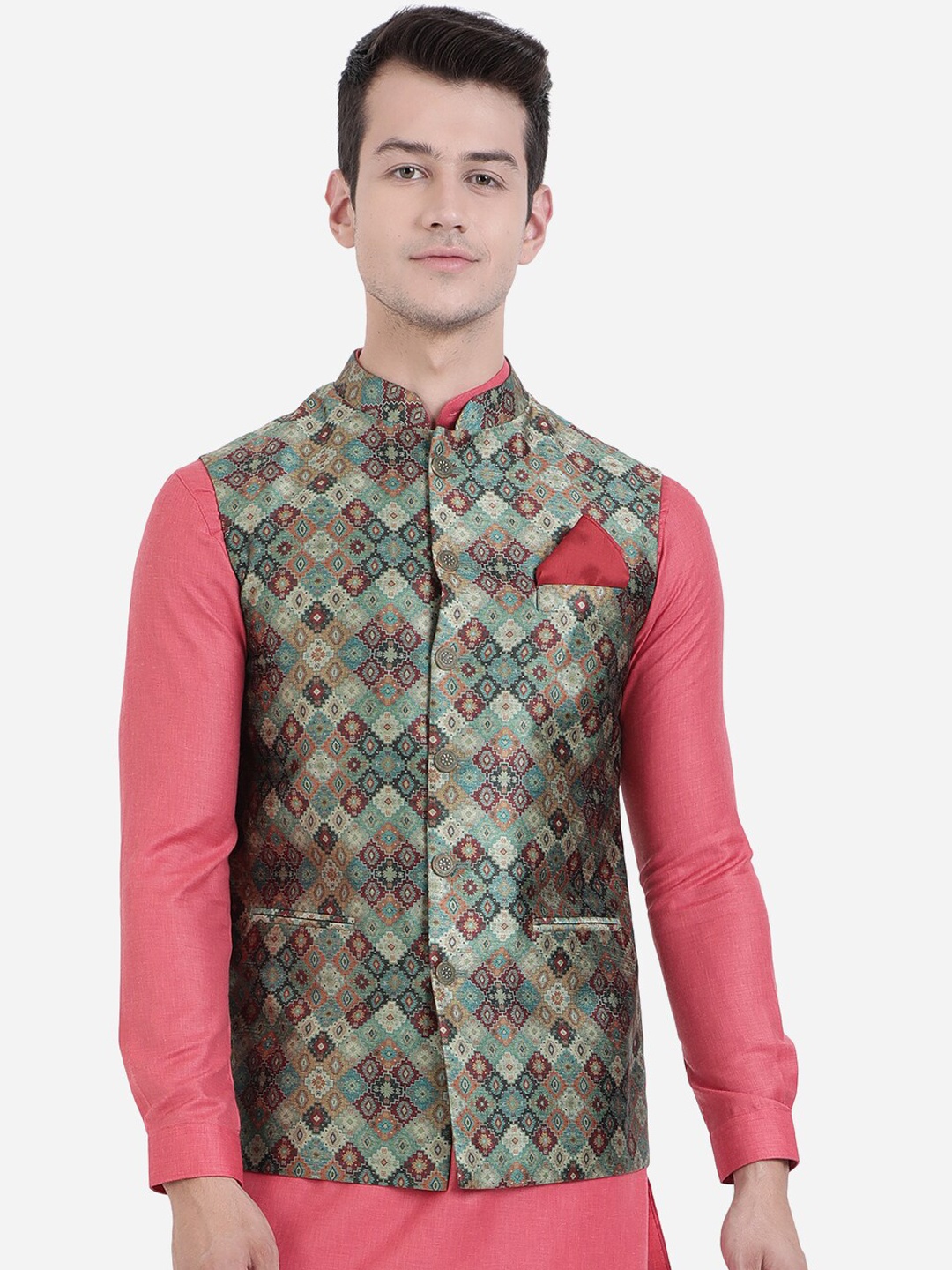 

Greenfibre Men Green & Maroon Printed Nehru Jacket