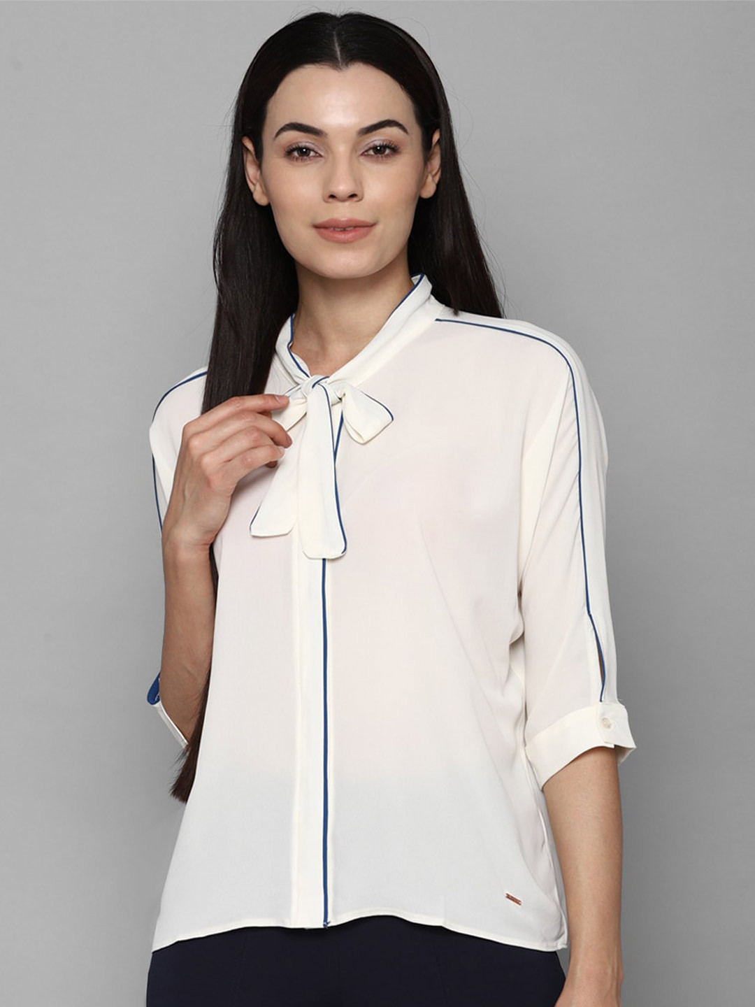 

Allen Solly Woman Women White Tie Up Neck Casual Shirt