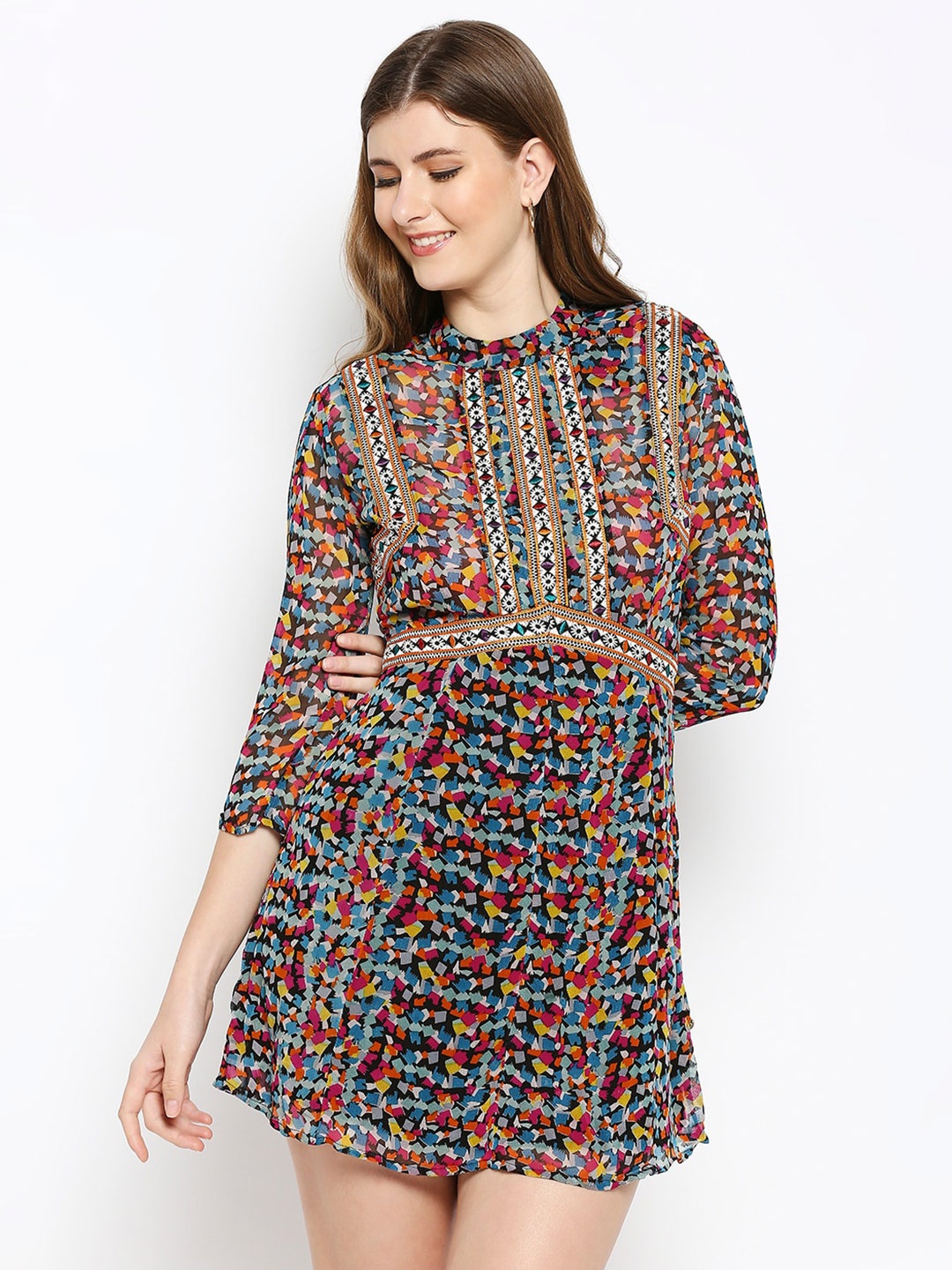 

aaliya Multicoloured Abstract Printed Georgette Mini Dress, Multi