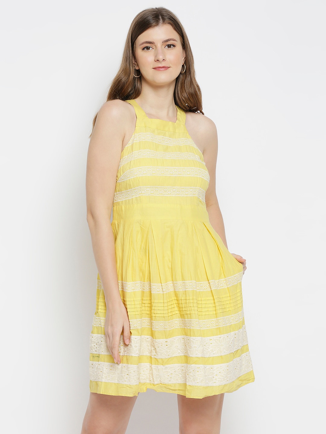 

aaliya Yellow Embroidered Halter Neck Dress