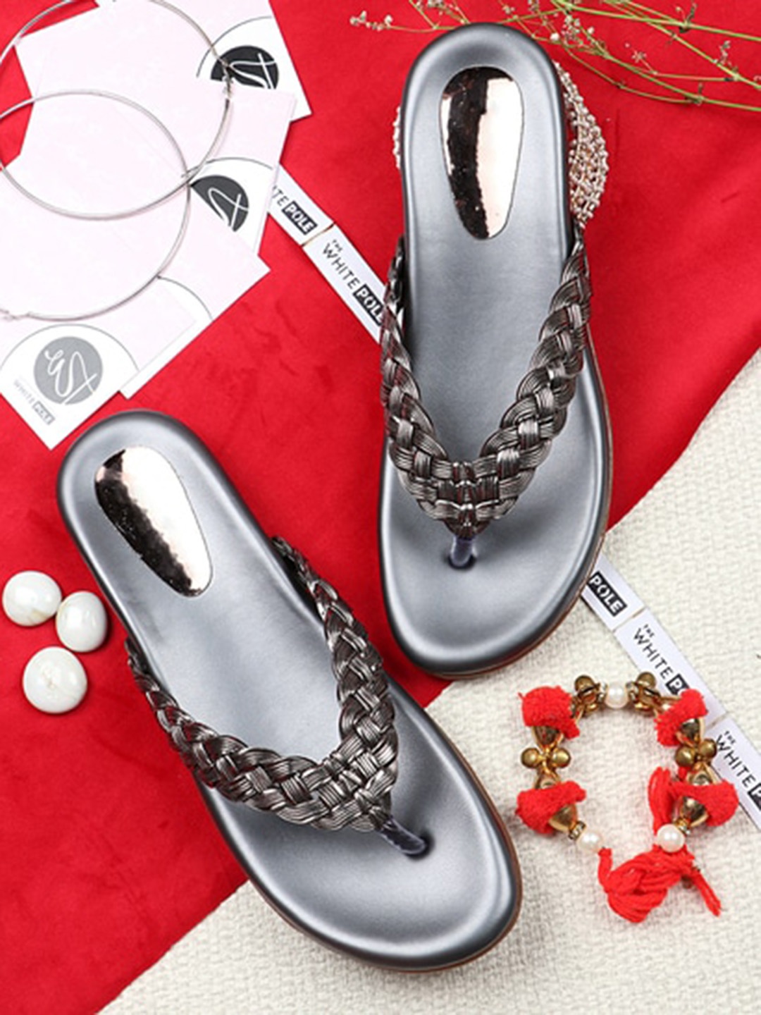 

THE WHITE POLE Women Grey Ethnic Open Toe Flats