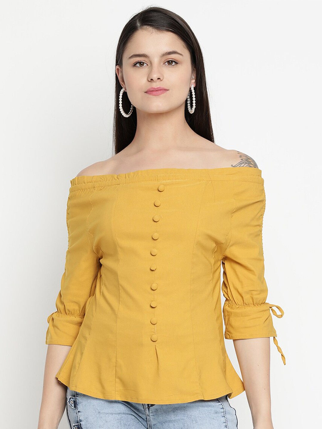 

V2 Value & Variety Mustard Yellow Off-Shoulder Bardot Top