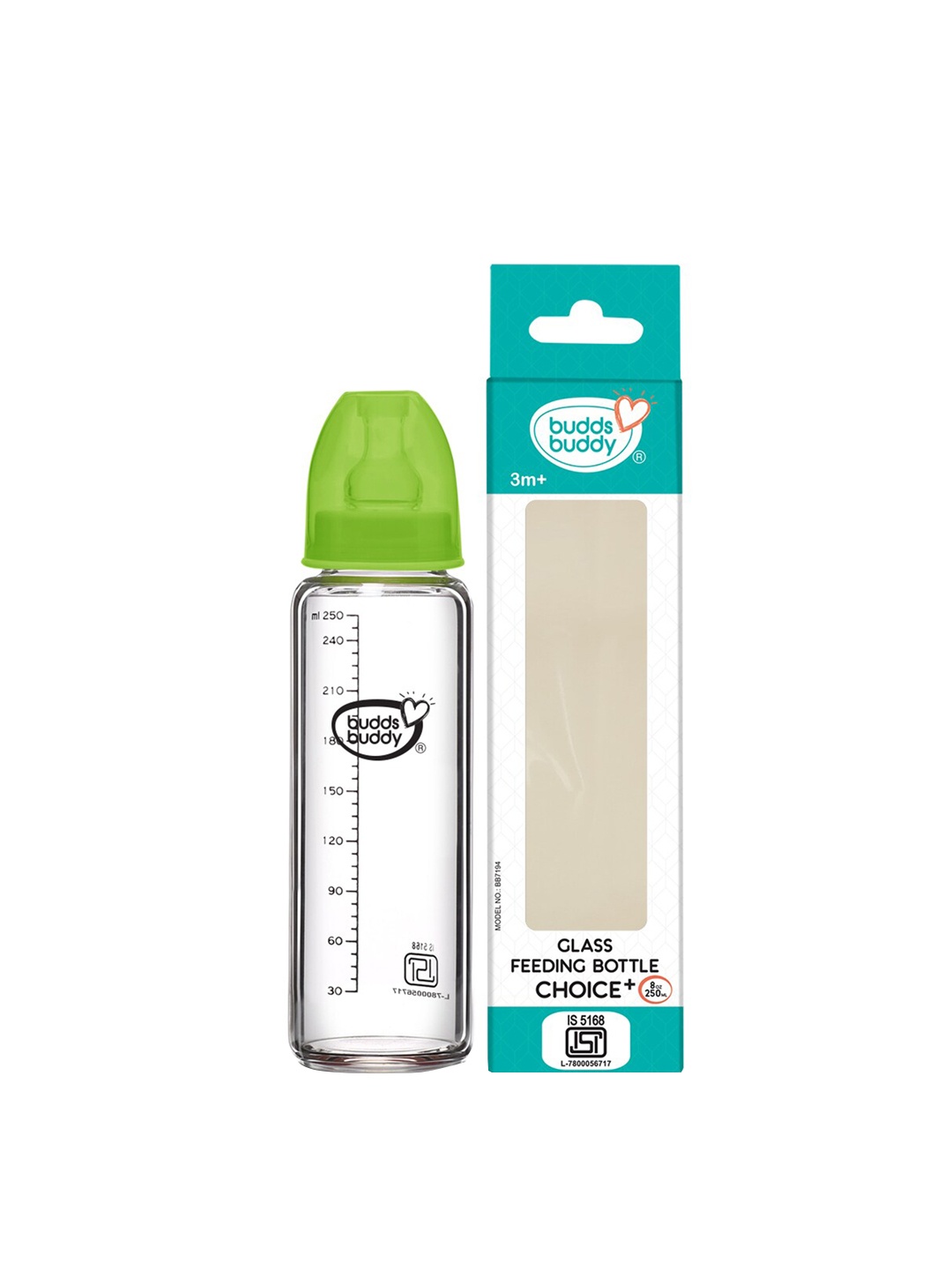 

BUDDSBUDDY Kids Green & Transparent Solid Glass Regular Neck Feeding Bottle-250ml