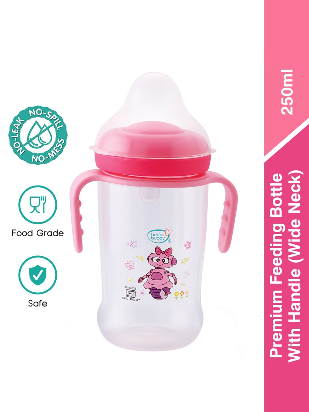 

BUDDSBUDDY Pink Feeding Bottle with Handle 250 Ml