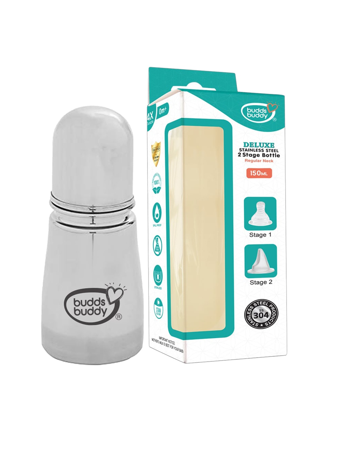

BUDDSBUDDY Silver-Tone Stainless Steel Baby Feeding Bottle- 150 ml