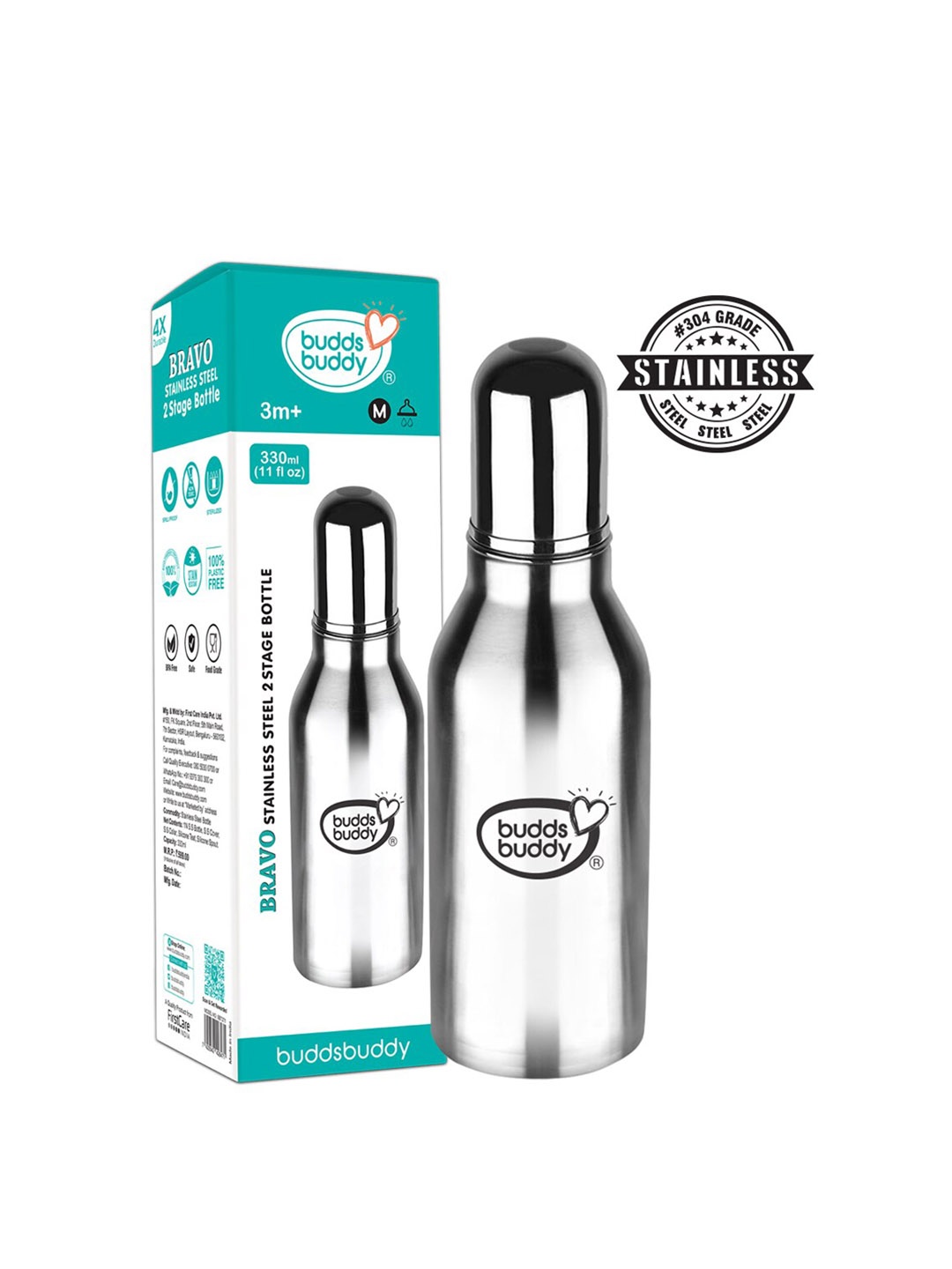 

BUDDSBUDDY Infant Kids Silver-Toned Stainless Steel 2 in 1 Feeding Bottle 330ml