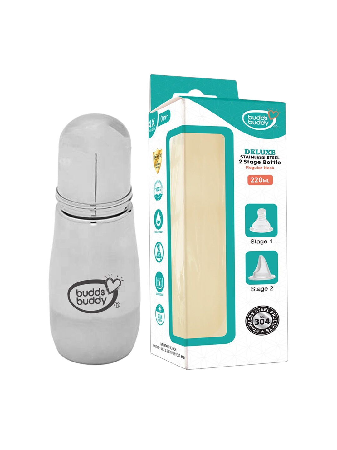 

BUDDSBUDDY Infant Kids Silver-Toned Stainless Steel Feeding Bottle with Extra Sipper 220ml