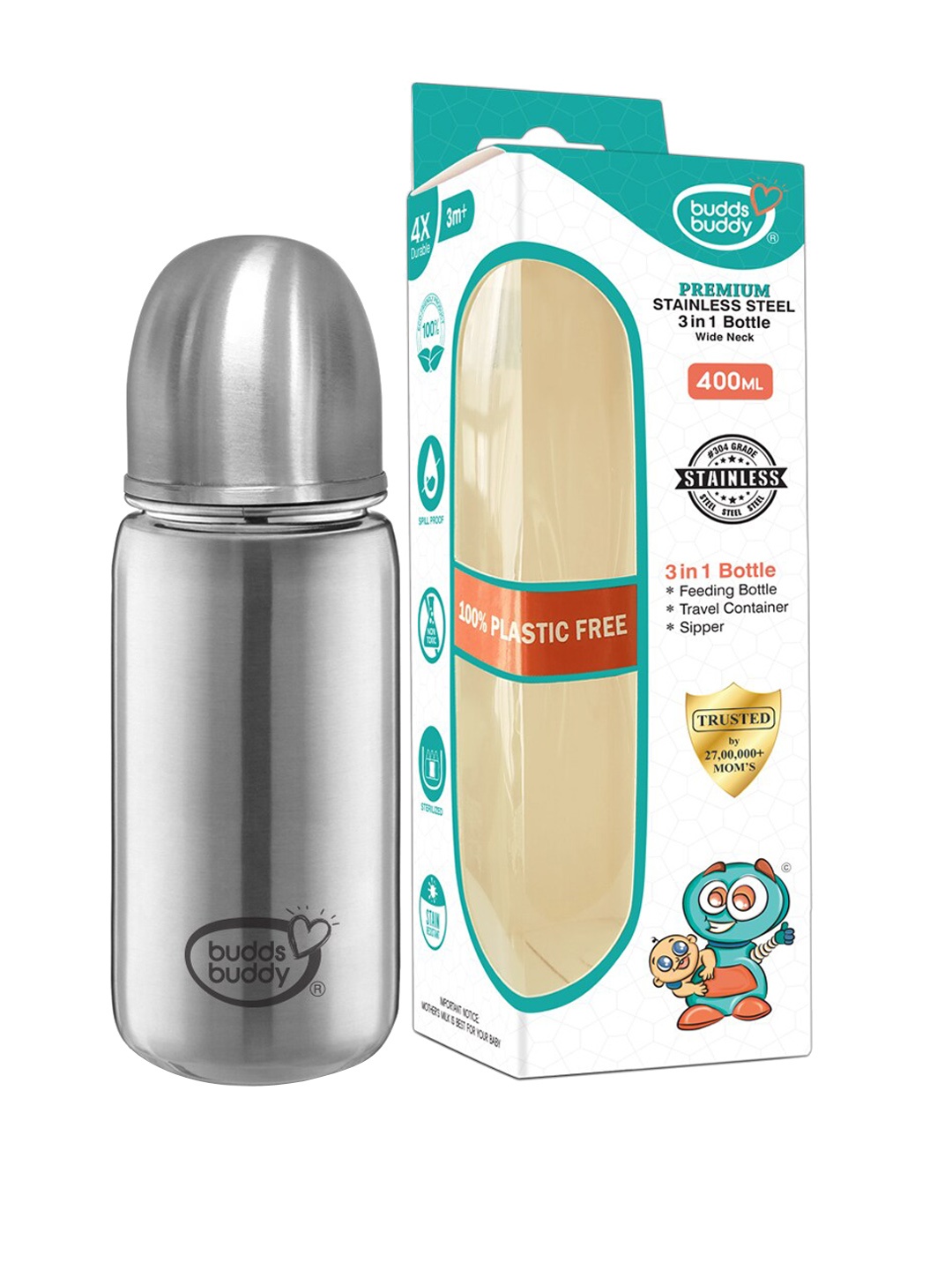 

BUDDSBUDDY Infant Kids Silver-Toned Stainless Steel 3 in 1 Baby Feeding Bottle 400 Ml