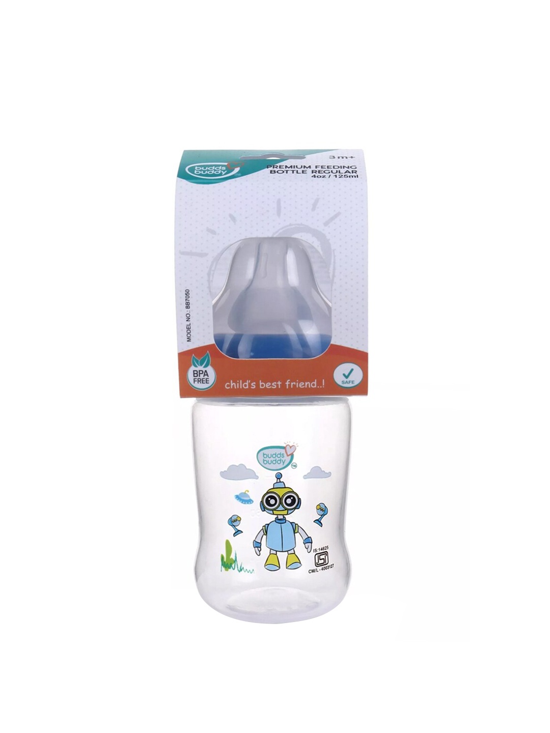 

BUDDSBUDDY Infant Kids White & Blue Printed Regular Neck Feeding Bottle 125ml