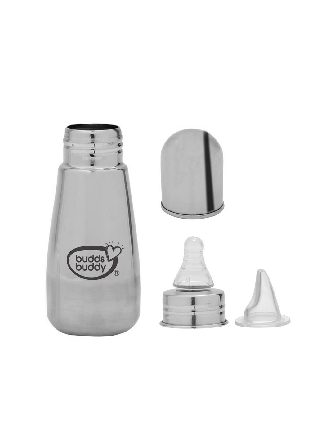 

BUDDSBUDDY Silver-Toned Stainless Steel Feeding Bottle with Extra Spout Sipper 300 Ml