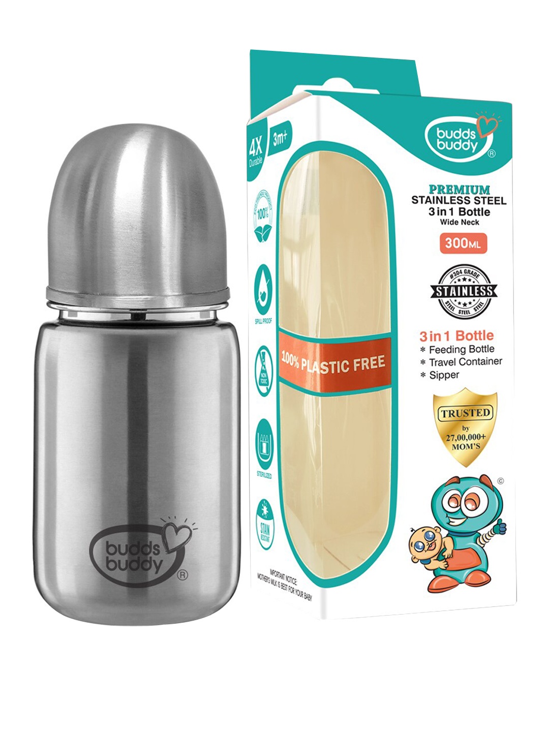 

BUDDSBUDDY Silver-Toned Stainless Steel 3 in 1 Baby Feeding Bottle 300 Ml