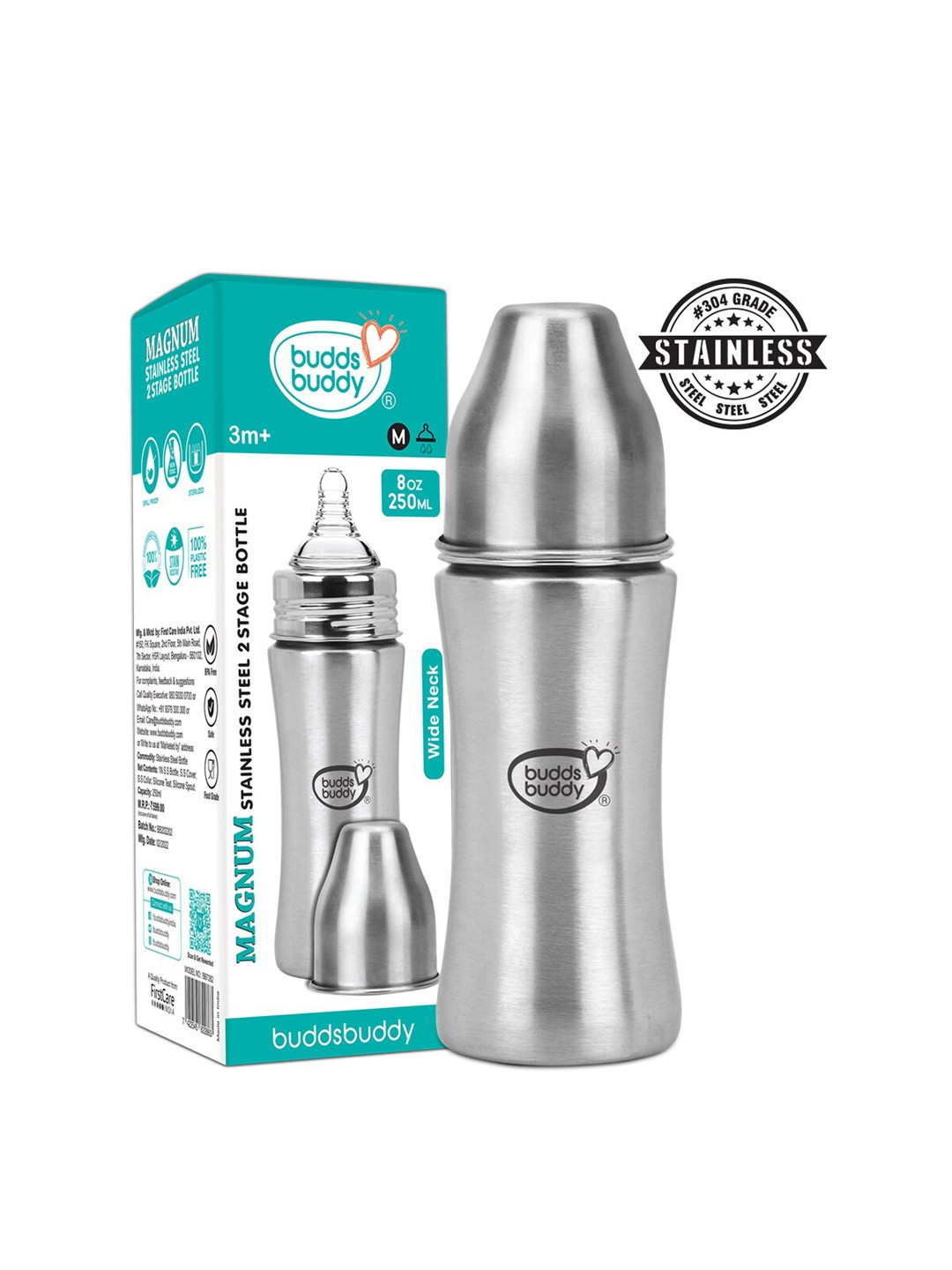 

BUDDSBUDDY Silver-Tone Magnum Stainless Steel 2 in 1 Baby Feeding Bottle- 250 ml