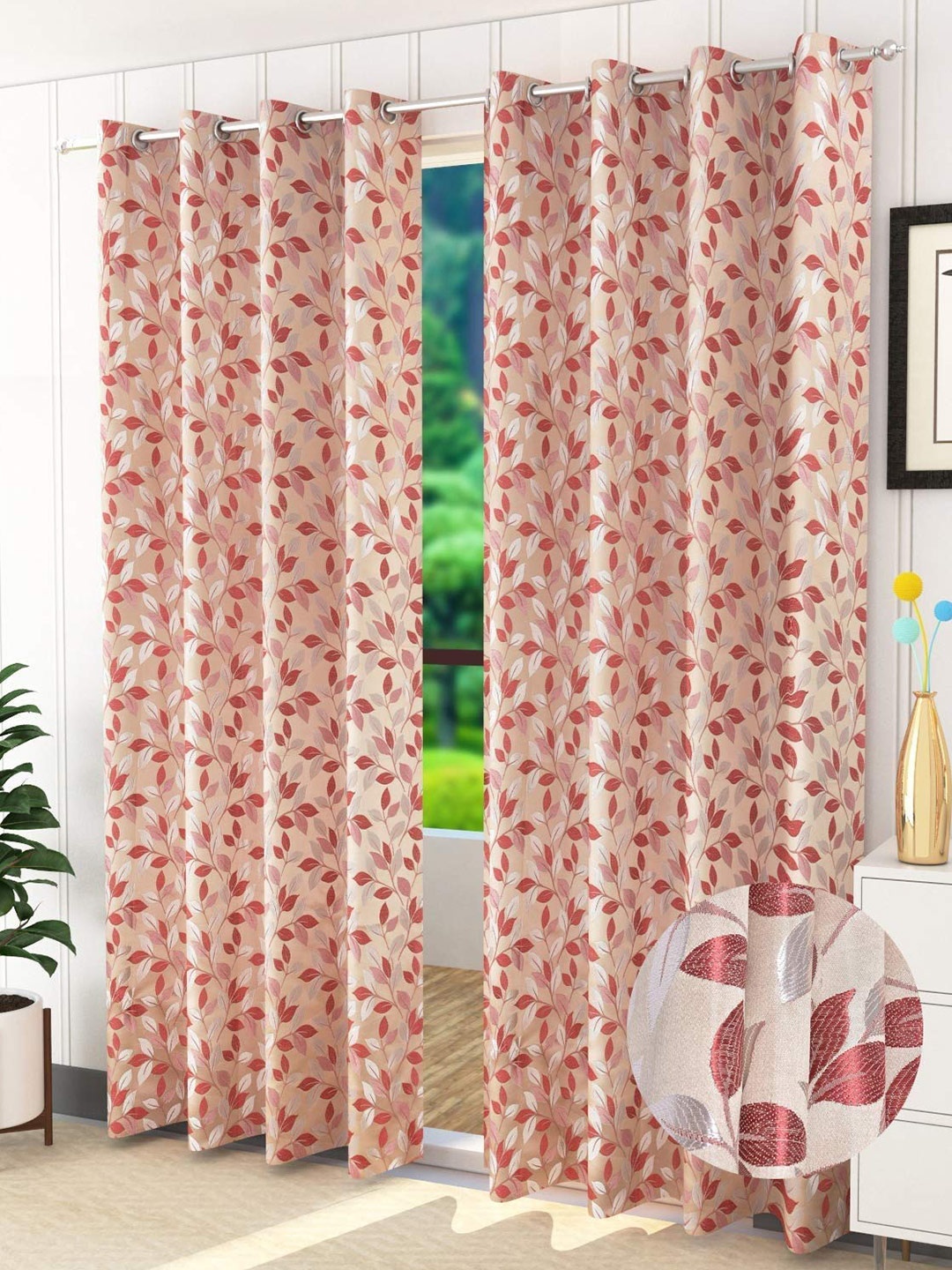 

Fresh From Loom Maroon & Beige Set of 2 Floral Room Darkening Door Curtain