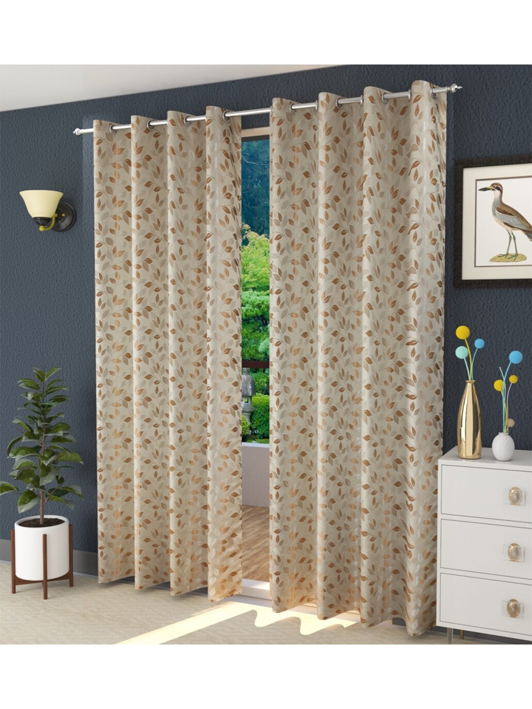 

Fresh From Loom Khaki & Silver-Toned Set of 2 Room Darkening Long Door Curtain