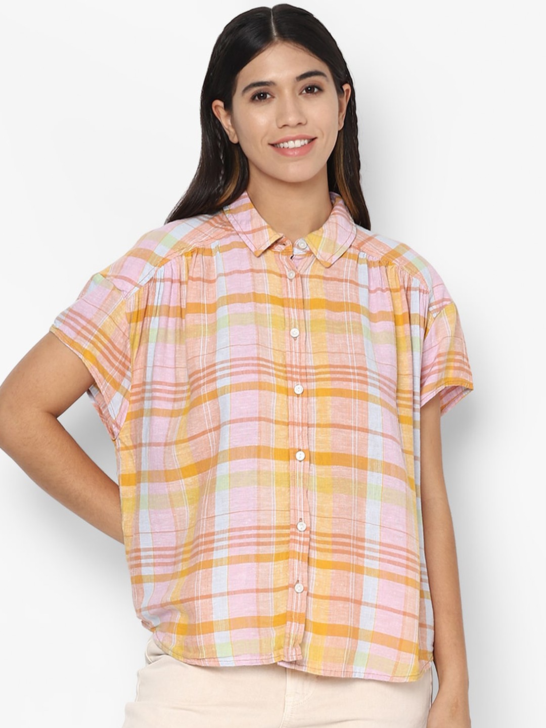 

AMERICAN EAGLE OUTFITTERS Women Orange Tartan Checks Drop Shoulder Sleeves Casual Shirt