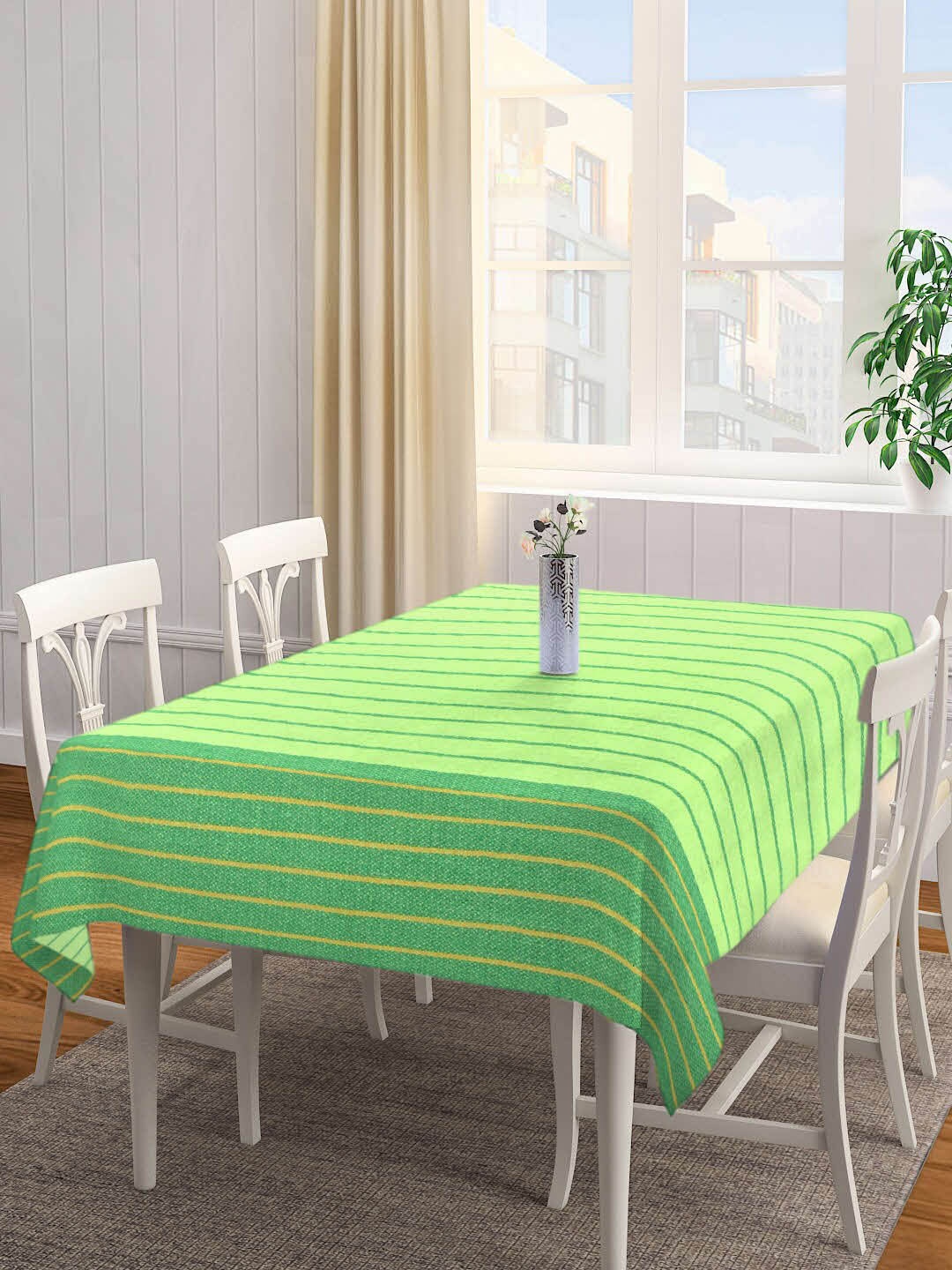

KLOTTHE Green & Yellow Striped 6 Seater Rectangular Cotton Table Cover