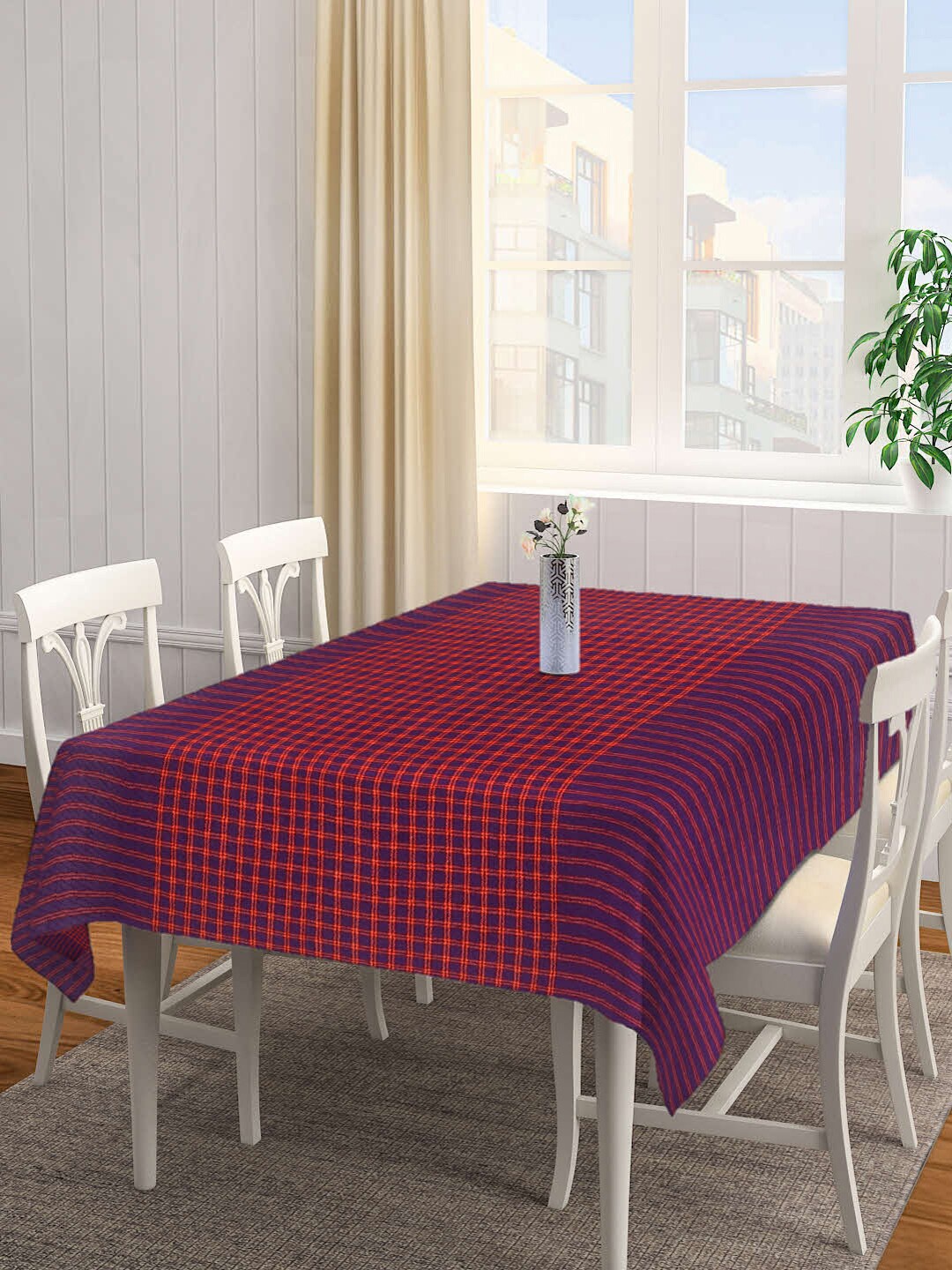 

KLOTTHE Purple Checked Cotton 6-Seater Table Cover