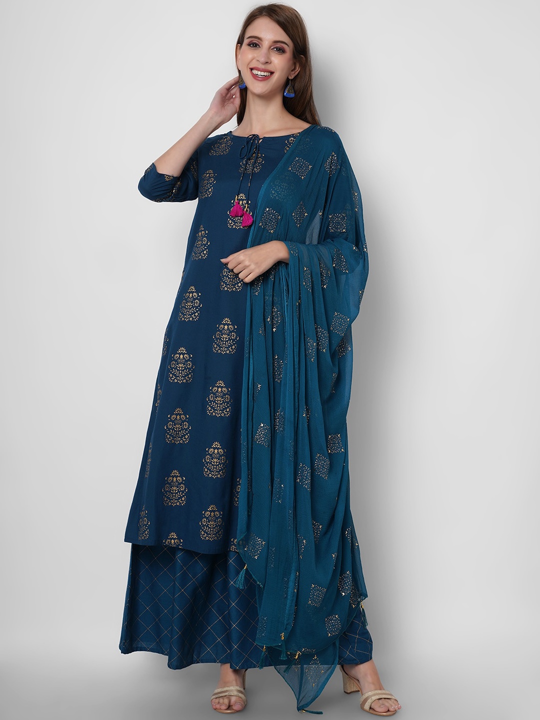 

ORTANGE Women Blue Ethnic Motifs Printed Kurta with Palazzos & Dupatta