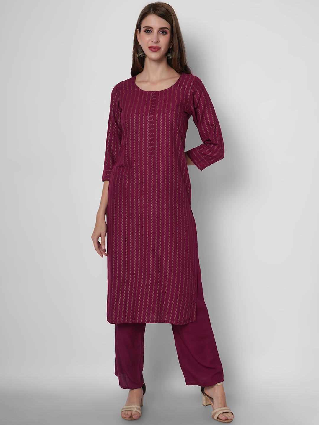 

ORTANGE Women Maroon Striped Gotta Patti Kurti with Palazzos