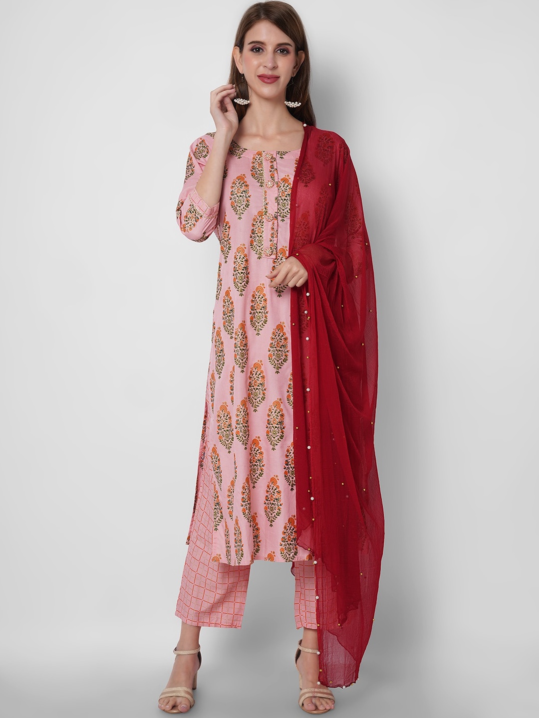 

ORTANGE Women Pink Ethnic Motifs Printed Kurta with Churidar & With Dupatta