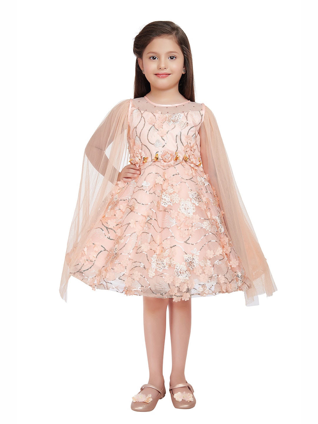 

BETTY Kids-Girls Peach-Coloured Floral Net Ethnic Dress