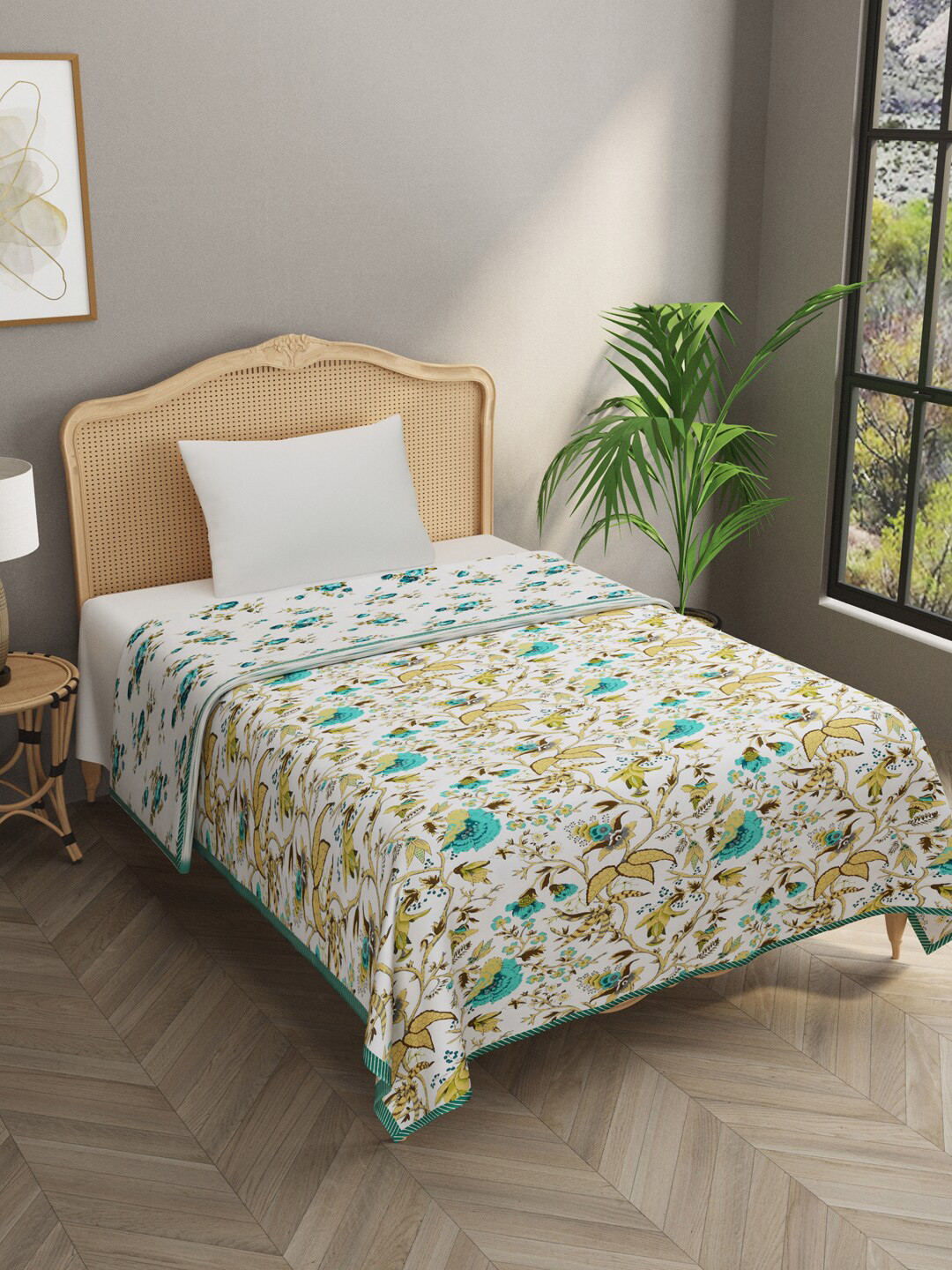 

Gulaab Jaipur White & Blue Floral AC Room 350 GSM Single Bed Dohar
