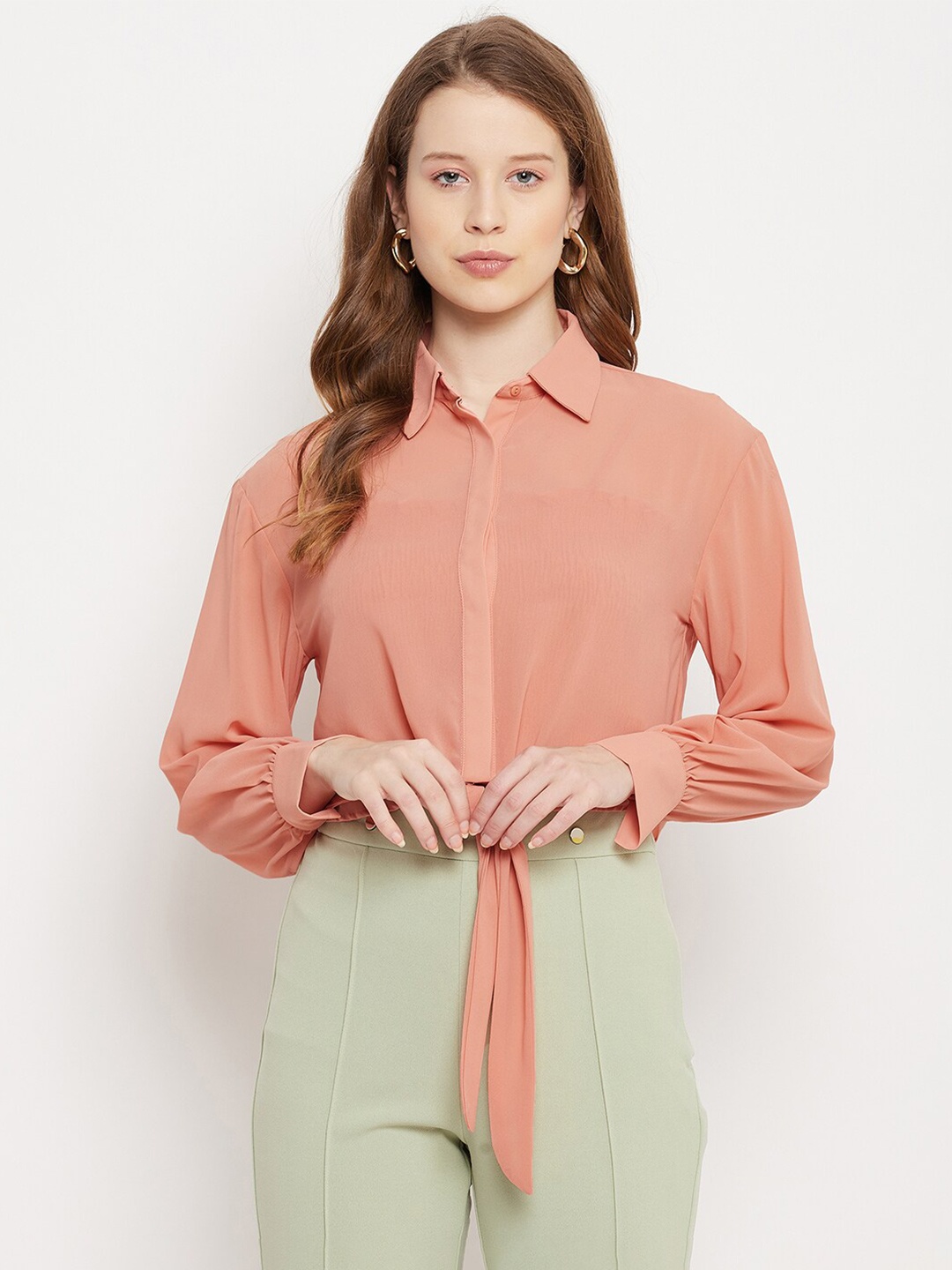 

Madame Women Peach Solid Semi Sheer Casual Shirt